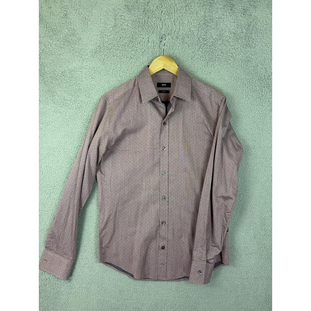 Hugo Boss Shirt Mens Small Pink Polka Dot Slim Fit Dress Long Sleeve Cotton Mens